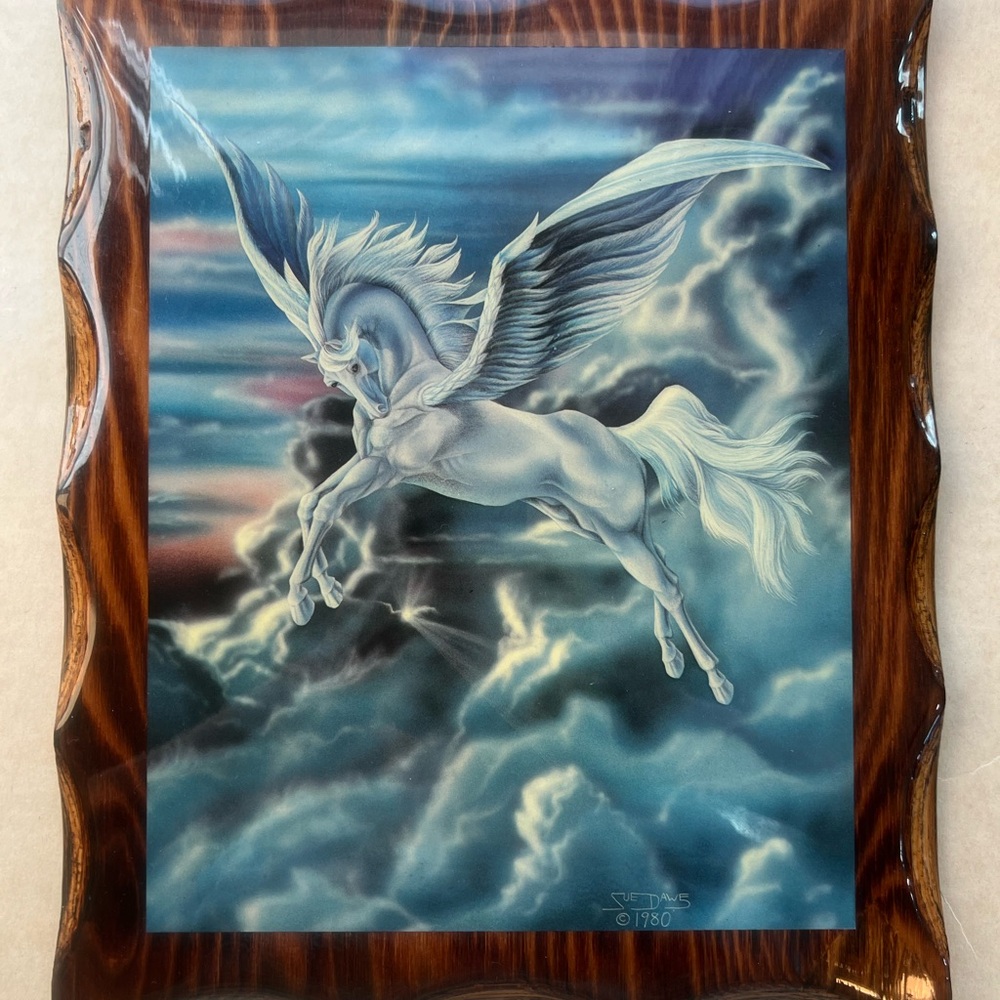 Vintage 1980 Sue Dawe Pegasus Horse Flying Mythical Fantasy Wall Art 11 3/4 x 10
